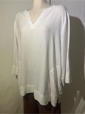 Lands’ End Linen Blend White Tunic Top Large Relaxed Vneck Lightweight Boho